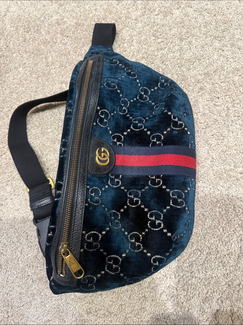 Gucci Navy Velvet GG Monogram Belt Bag with Red-Blue Web Stripe